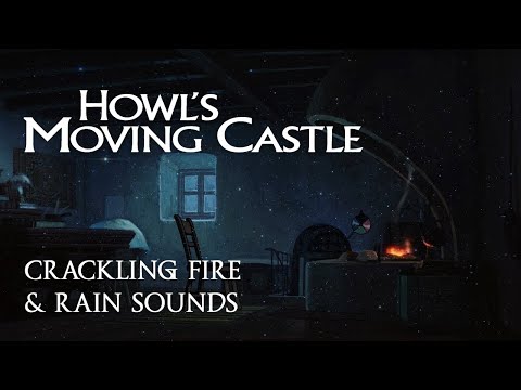 Howl's moving castle ambience || crackling fire & rain sounds