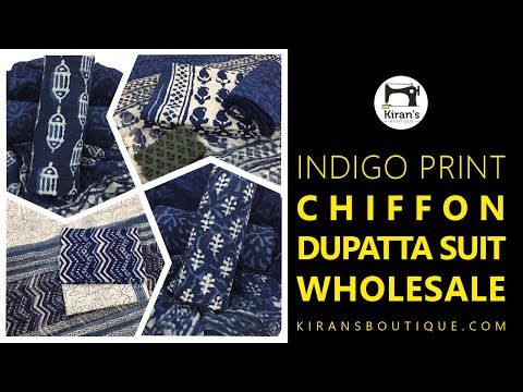 Block print indigo dabu cotton suit set with pure chiffon dupatta by Kirans Boutique