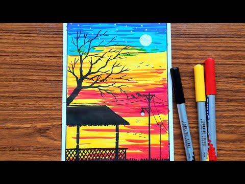 Sunset drawing with brush pen | Beautiful scenery drawing | Easy scenery drawing