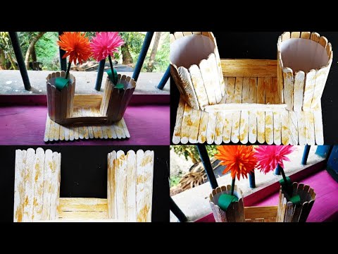 Popsicle sticks flowers vase craft ideas| Flowers Vase Making Ideas Waste of Ice cream stiks|