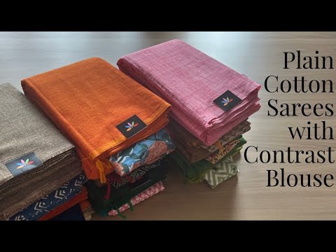 Detailed Daylight Video - Plain Cotton Sarees with Contrast Cotton Blouse | Shop on www.fabk.in