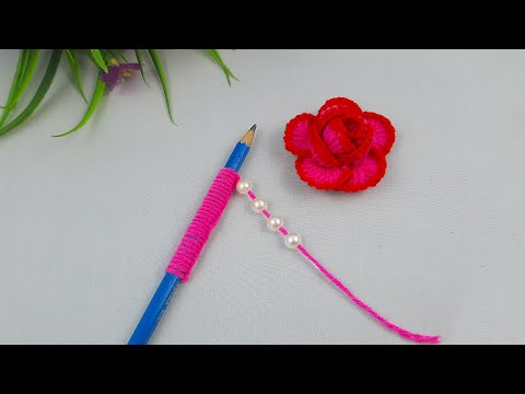 Amazing Rose Flower Making Idea with Pencil - Hand Embroidery Design Trick - DIY Woolen Flowers