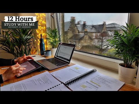 12 HOUR STUDY WITH ME on a RAINY DAY | Background noise, 10 min Break, No music, Study with Merve