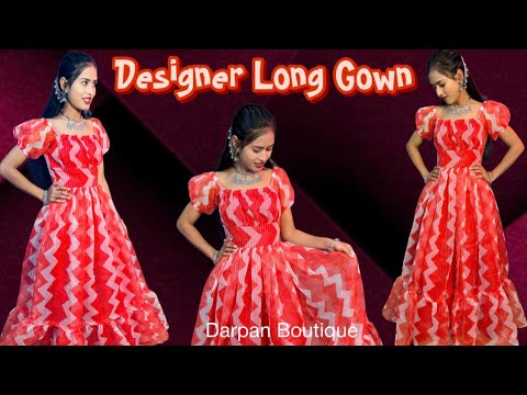 Designer Long Gown Cutting and Stitching/ Maxi Dress Tutorial/ Puff Sleeves with Elastic Necklace