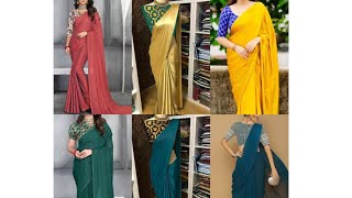 plain saree with printed blouse//latest blouse and plain saree//plain saree with designer blouse❤👌