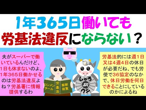 1年３６５日働いても労基法違反にならない?労働基準法第35条では週1日又は週4日の休日を与えることになっているが、36条の36協定を締結すれば協定した回数まで休日労働をしても法違反は免除される