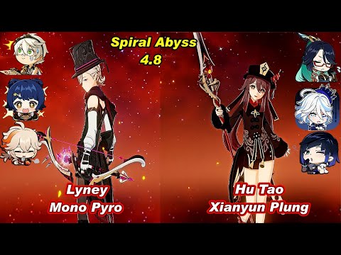 (4.8)  C0 Lyney Mono Pyro & C0 Hu Tao Xianyun Plung Spiral Abyss Floor 12 Full Star _F2P