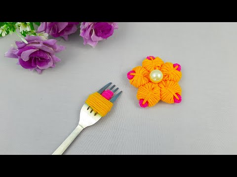 Amazing Woolen Flower Making with Fork - Diy Wool Craft Ideas -Yarn Flower