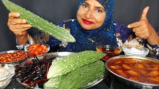 EATING SPICY BITTER GOURD BHARTA, DUM ALOO WITH RICE, EATING ASMR, MUKBANG