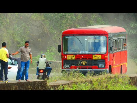 गगनबावडा करूळ घाट:MSRTC KUDAL~PUNE BUS STRUGGLING ON BAD ROADS OF GHAT | VERY BAD ROADS