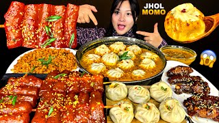 Spicy Jhol Momo🔥Rice Papper Tteokbokki, Spicy Chicken Wings😱With 3x Spicy Noodles | Nepali Mukbang |