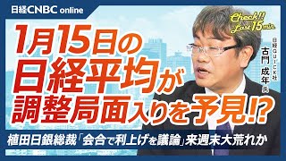 【1月15日(水)東京株式市場】日経平均株価は5日続落、調整局面入りか／米金利上昇とハイテク株売りで日本株・半導体株も下落／苦境の外食株、値上げは客離れ直結／日銀植田総裁発言で銀行株⇧／ファナック等⇧