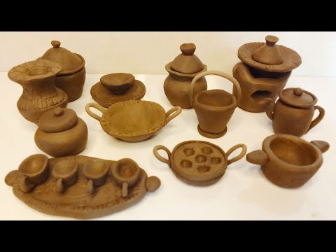 Amazing technique make kitchen set with clay|miniature kitchen set|mini cookware tools|handcraftkbs