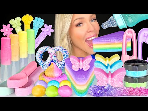 ASMR PASTEL FOOD, EDIBLE BUTTERFLIES, CHOCOLATE COVERED PRETZELS, LIP BALM LAYERED JELLO MUKBANG 먹방