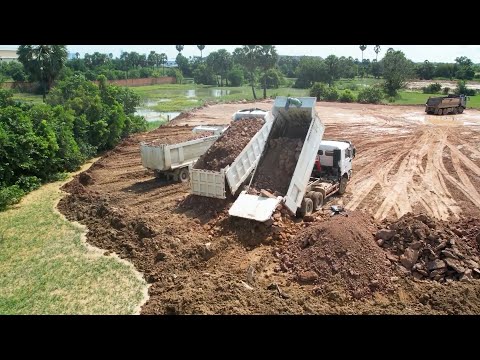 WONDERFUL! Full Completed 100% Filled Old Komatsu D58E Pushing Soil Stone & Big Truck Unloading