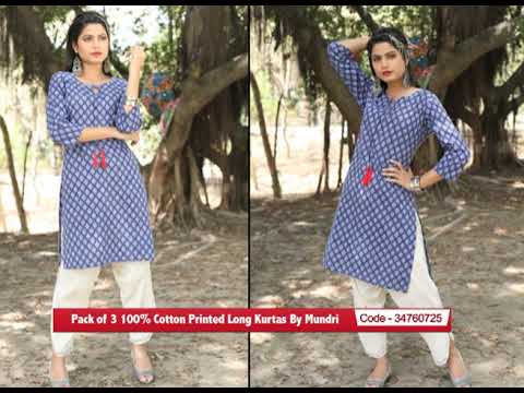 Pack of 3 100% Cotton Printed Long Kurtas By Mundri