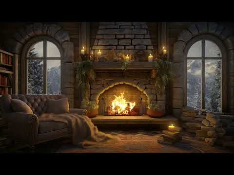 Winter Cozy Room In Snowy Day ❄️ Fireplace Sounds In Cozy Cabin 🔥 Gentle Jazz For Relax & Sleep