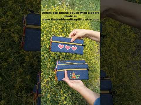 Handmade Embroidered Denim Wallet with Zippers - Perfect for Phones, Keys, and Business Cards!