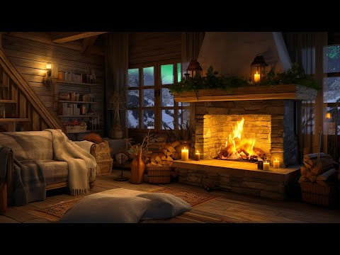 Cozy Cabin Ambience | Northern Lights In Alaska With Blizzard, Fireplace For Sleep, Study & Relax 💤