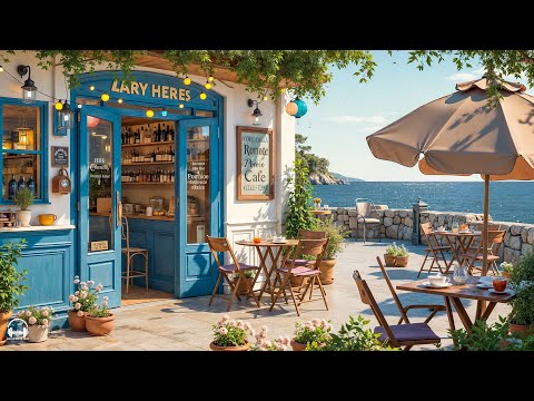 Sweet Jazz at Seaside Coffee Shop Ambience ☕ Happy Bossa Nova Music & Crashing Waves for Relaxation