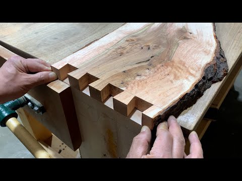 Hand Cut Dovetail Joints Natural Edge Slab Bench, Korean Alder Woodworking