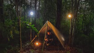 Solo Tarp Camping in Heavy Rain 🌧🌩 - Relaxing Camping Rain