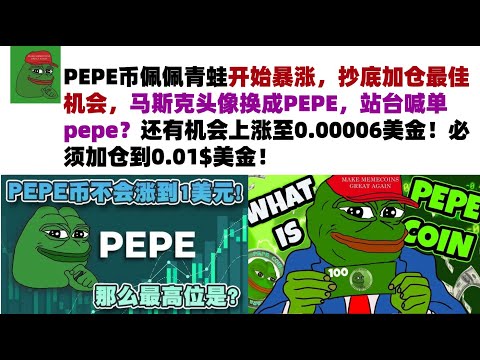 PEPE币佩佩青蛙开始暴涨，抄底加仓最佳机会，马斯克头像换成PEPE，站台喊单pepe？还有机会上涨至0.00006美金！必须加仓到0.01$美金！#PEPE币#meme币#佩佩币行情分析