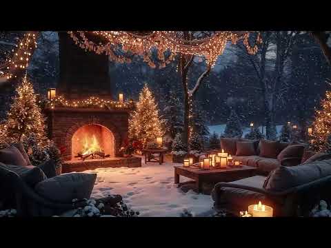 Cozy Winter Porch Vibes 🎄| Christmas Jazz and Crackling Fire for Peaceful Evenings