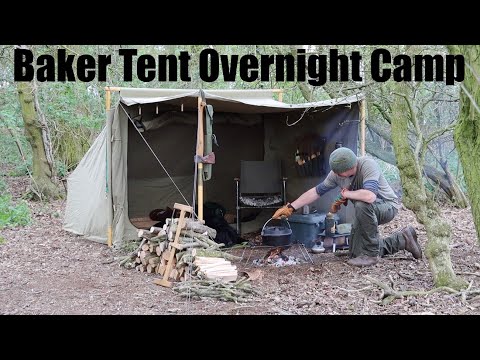 Woodland Camp in a Canvas Baker Tent.  Camping with my Dog.  Hunters Chicken and Chips.