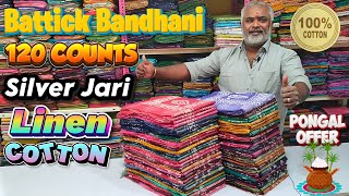 PONGAL OFFER Battick Bandhani SilverJari Linen Cotton Sarees Collection | KLMN Fashion |