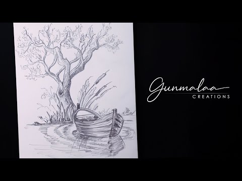 Boat Scenery Drawing | Tree with a Boat | Gunmalaa Creations