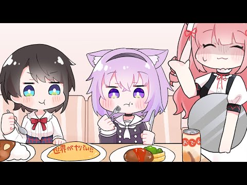 【手描き】メイド喫茶でひたすら食べ続けるスバルとおかゆ【ホロライブ/大空スバル/猫又おかゆ】