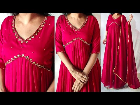 Designer Alia style long dress cutting and stitching Step by Step | Alia cut embroidery design work