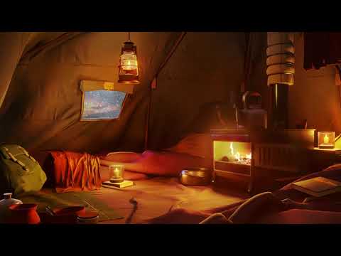 Off Grid Camping Tent Ambience - Hot Tent Winter Camping in Snowfall with Warm Fireplace