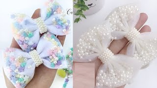 🎀EASY NO SEW Hair Bows / How to Make Hair Bows WITHOUT Sewing Machine/DIY Hair Bow with Pearls