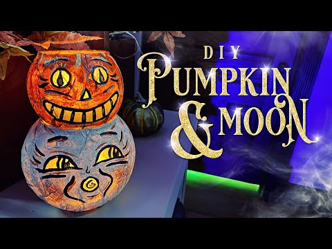 Folk Art Halloween Pumpkin & Moon Lanterns - Paper Mache Looking Halloween DIY Craft - Vintage Craft