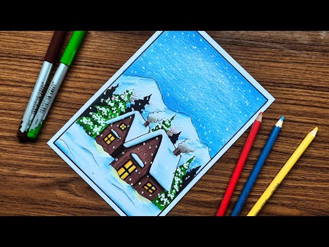 Winter season drawing | Snowfalls drawing easy | Winter landscape drawing