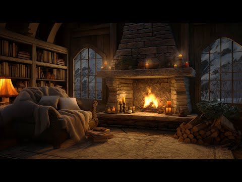 Hello Winter ⛄ Cozy Cabin Ambience With Fireplace Sounds, Blizzard & Jazz For Relaxation 🔥