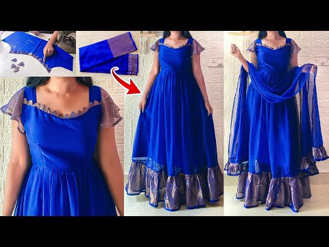 Convert saree into designer long dress/frock/gown | Frills style long frock stitching Step by Step