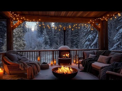 Cozy Winter Porch Ambience ❄️ Relaxing Snowfall and Fire Sounds for a Cozy Winter