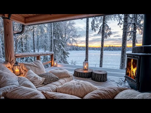 Snowy Lake Retreat ❄️ Crackling Fireplace and Soft Snowfall for Ultimate Stress Relief