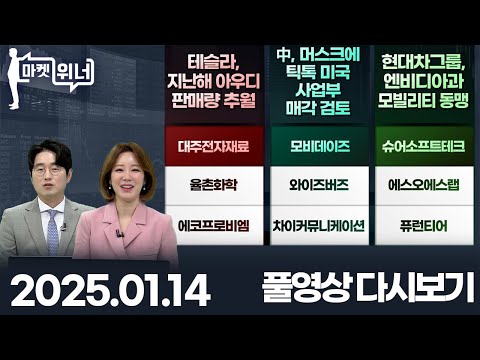 대주전자재료 모비데이즈 슈어소프트테크 율촌화학 와이즈버즈 에스오에스랩 에코프로비엠 차이커뮤니케이션 퓨런티어 랩지노믹스 아이씨티케이 SK하이닉스 마켓 위너 (20250114)