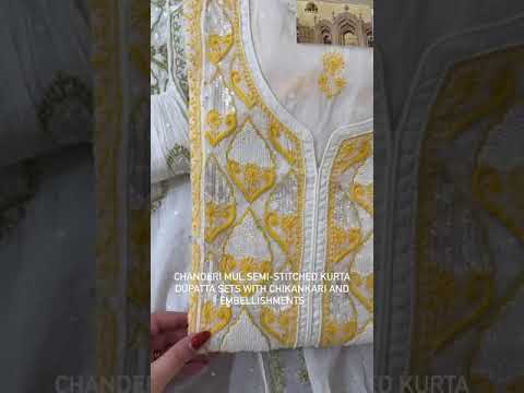 Chanderi Mul Semi - Stitched Kurta Dupatta Sets With Chikankari And Embellishments