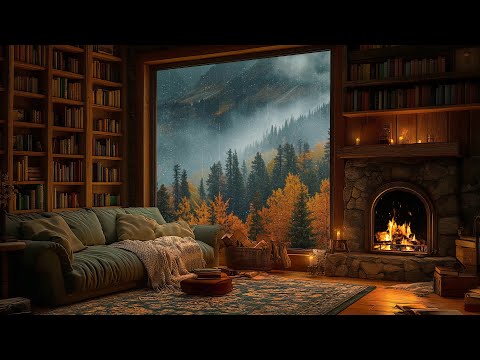 Rainy Autumnal Day in a Cozy Cabin Ambience and Smooth Jazz Music 🍂 Relaxing Fireplace