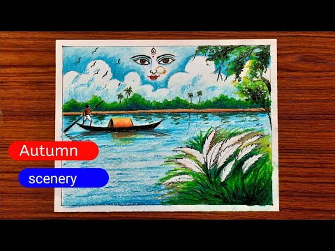 How to draw Autumn scenery | Durga puja scenery drawing