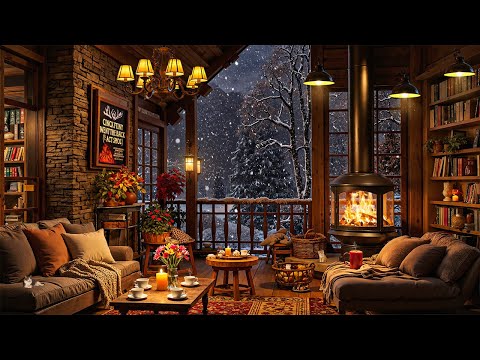 Soothing Jazz Music in A Cozy Cabin Space ❄️ Relaxing Winter Snowfall and Crackling Fireplace Sounds