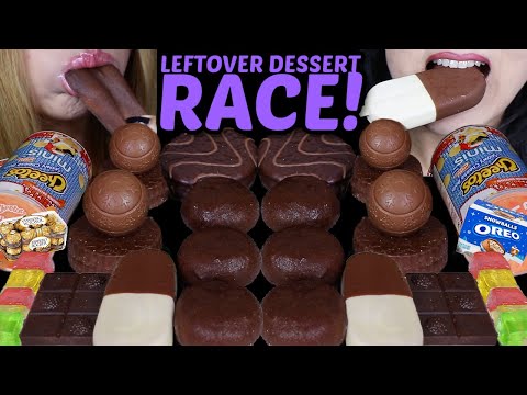 ASMR LEFTOVER DESSERT RACE! OREO SNOWBALL, CHOCOLATE MOCHI ICE CREAM, RAINBOW JELLY STICKS, PIES 먹방