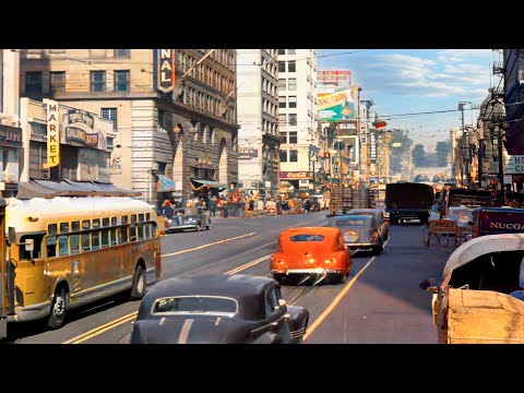 Busy Los Angeles 1940s in color [60fps, Remastered] w/sound design added