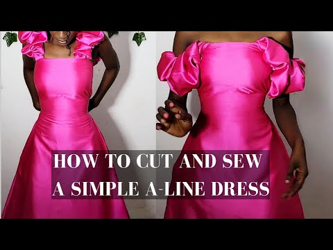 HOW TO CUT AND SEW A SIMPLE A-LINE DRESS|Ruffled scrunchie sleeve| with pockets| Beginner Friendly