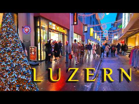 Rainy LUCERNE SWITZERLAND ✨ Christmas Markets Evening Walking Tour / Shopping Streets & Bridges 4K